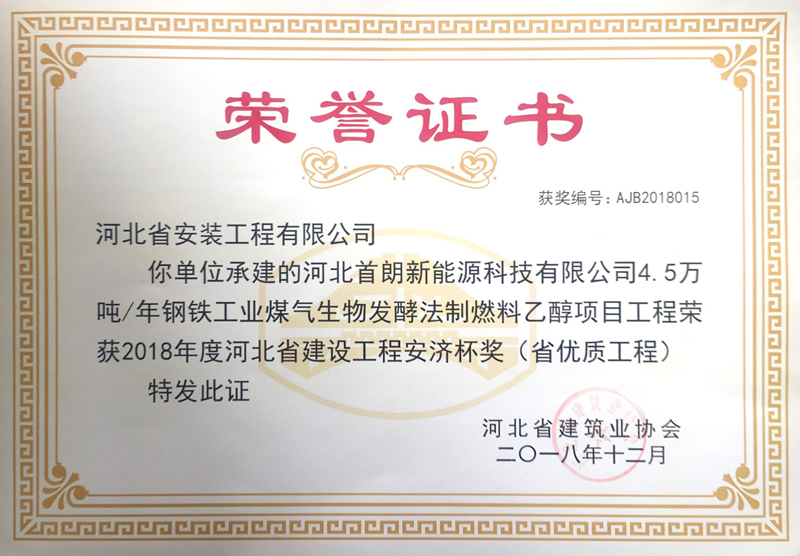 河北首朗新能源科技有限公司4.5万吨每年钢铁工业煤气生物发酵法制燃料乙醇项目工程